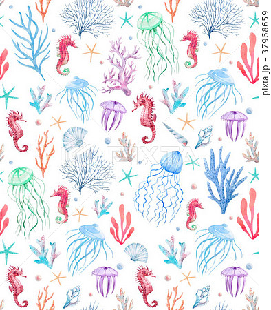 Watercolor Sea Life Patternのイラスト素材