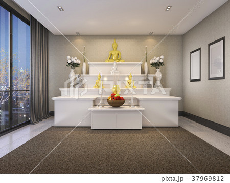 modern buddha prayer room with night view  37969812