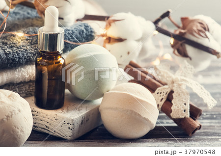 Bath accessories on rustic wooden table 37970548