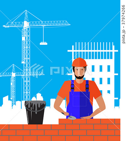 Builder builds brick wall of house. Worker 37974266