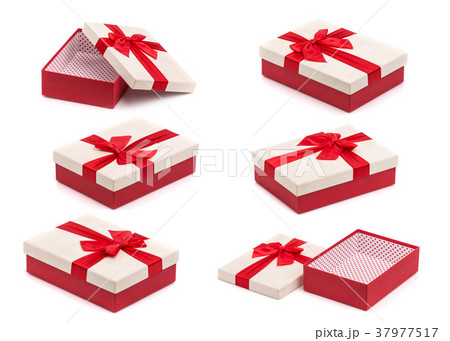 Set of white and red new year or Christmas gift box with red ribbon for holiday concept. Studio shot and isolated on white Set of white and red new year or Christmas gift box with red ribbon for holiday concept. Studio shot and isolated on white 37977517