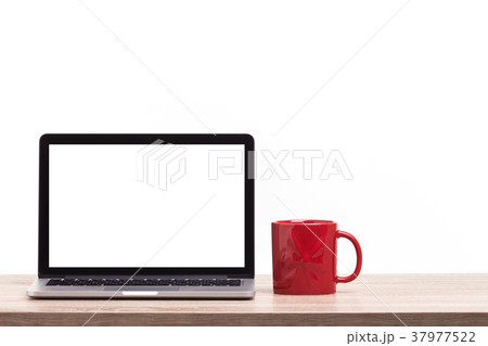 Modern laptop computer on wooden table. Studio shot isolated on white. Blank screen for graphics display montage 37977522