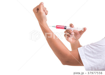 Fat woman holding syringe and inject red drug to her wrist isolated on white 37977556