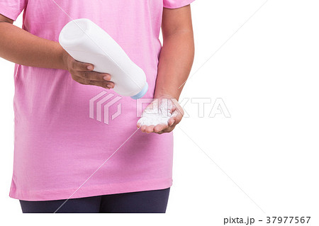 Ovarian cancer concept. Woman holding white powder isolated on white. Powder is cause of ovarian cancer. Saved with clipping path 37977567