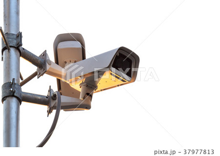 Security CCTV camera set up on the metal pole at public area and isolated on white 37977813