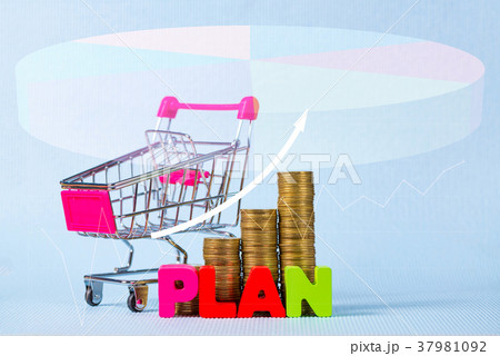 PLAN text and coins stack with shopping cart 37981092