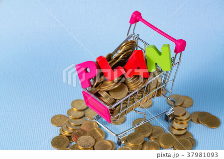 PLAN text and coins stack with shopping cart 37981093