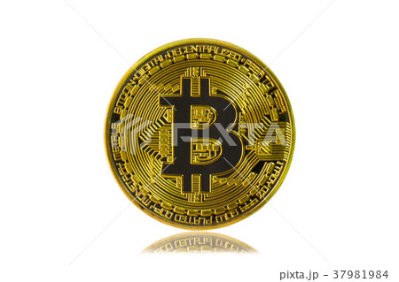 Golden Bitcoins isolated on white background, 37981984