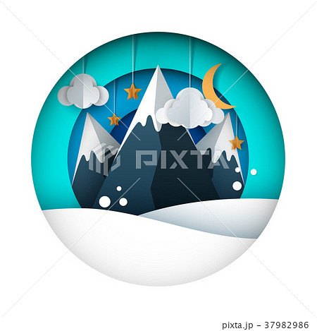Cartoon paper landscape. Mountain, cloud, sun 37982986