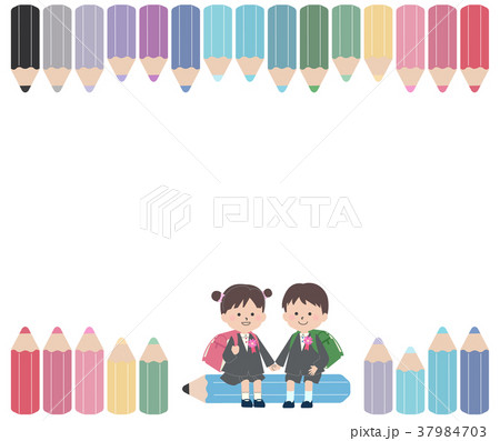 色えんぴつと入学式の小学生のイラスト素材