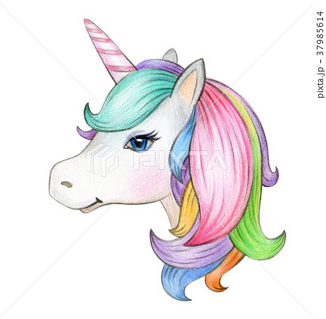 Cute Magic Unicorn Portrait Isolated On White のイラスト素材