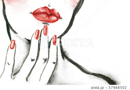 Woman portrait with hand .Abstract watercolor.  37988502