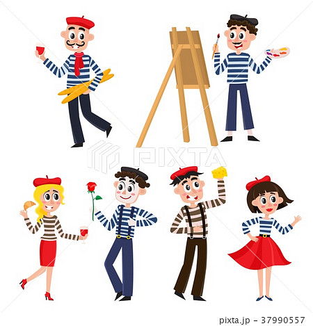 Set Of Funny French People Mimes Artist Food Stock Illustration