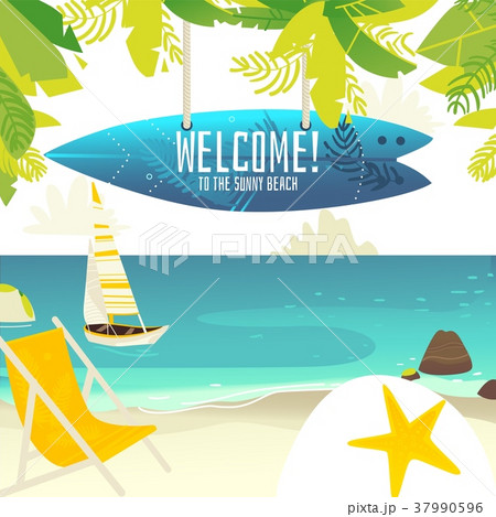 Beach banner with yacht, chair and surfboard sign Beach banner with yacht, chair and surfboard sign 37990596