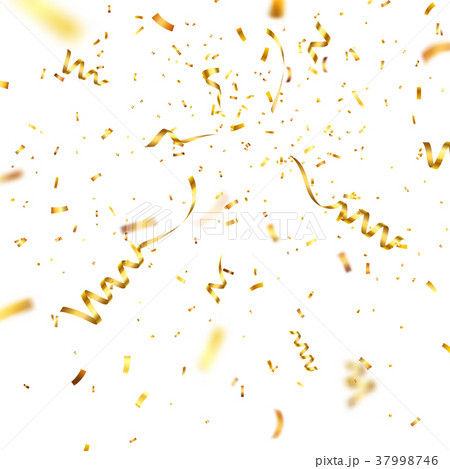 Christmas golden confetti with ribbon. Falling 37998746