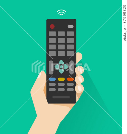 Hand holding remote control from TV vector 37999829