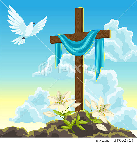 Silhouette of wooden cross with shroud, dove and Silhouette of wooden cross with shroud, dove and 38002714