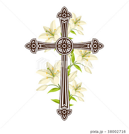 Silhouette Of Ornate Cross With Lilies Happyのイラスト素材