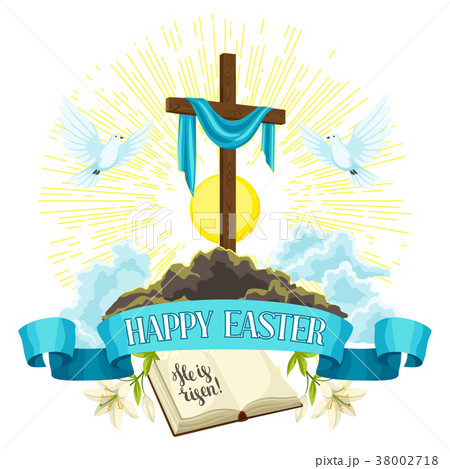 Wooden cross with shroud, bible and doves. Happy Wooden cross with shroud, bible and doves. Happy 38002718