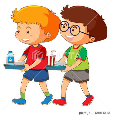 Two Boys Holding Tray Of Foodのイラスト素材
