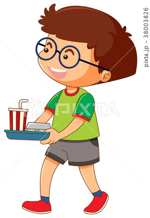 One Boy Holding Tray Of Food And Drinkのイラスト素材