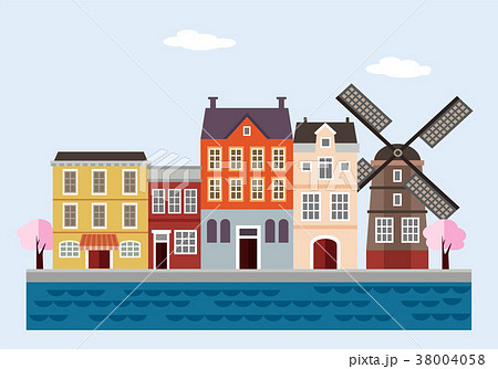Colorful houses with windmill, blossoming trees Colorful houses with windmill, blossoming trees 38004058