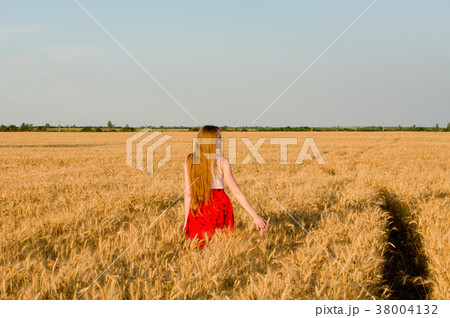 Girl in red skirt walking on wheat field Girl in red skirt walking on wheat field 38004132