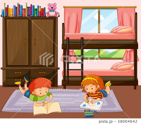 Boy and girl reading book in bedroom Boy and girl reading book in bedroom 38004642