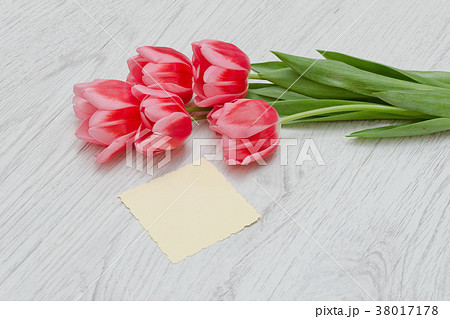 Clean card, pink tulips. Light wooden background 38017178