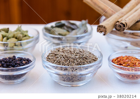 Variety of indian spices in glass bowls Variety of indian spices in glass bowls 38020214