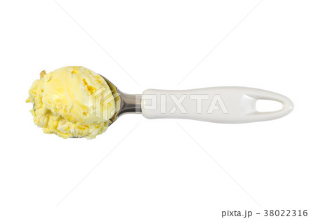 Ball of banana-vanilla ice cream in scoop 38022316