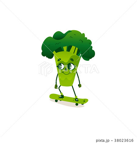 Funny broccoli character with human face skating Funny broccoli character with human face skating 38023616