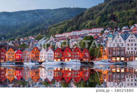 Bergen street at night with boats in Norway Bergen street at night with boats in Norway 38025880