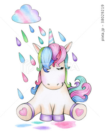 Cute sitting unicorn cartoon and raining. 38029219
