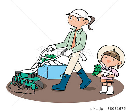 野菜作り 畑を耕すお母さんと女の子 のイラスト素材