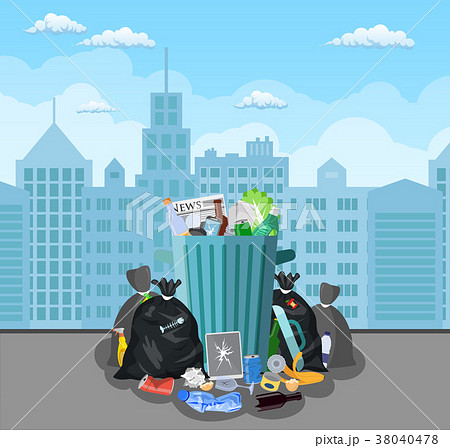 Steel garbage bin full of trash. 38040478