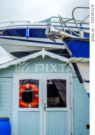 Boat on stand on the shore 38046329