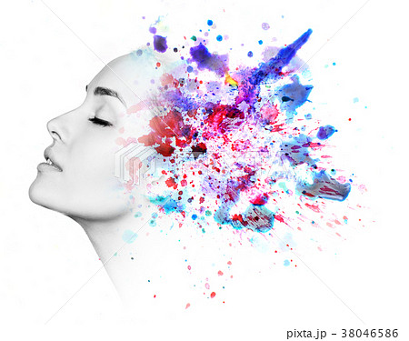 Double exposure of woman and watercolor paint Double exposure of woman and watercolor paint 38046586