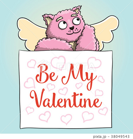 Valentines Day. Funny Smiling Cute Cupid Pink Cat 38049543
