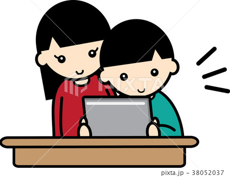 タブレットで動画を見る男の子と女の子のイラスト素材