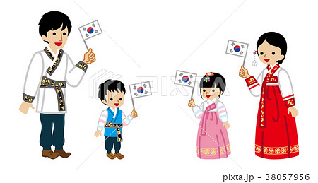 国旗を持つ韓国人家族 民族衣装 二世代のイラスト素材