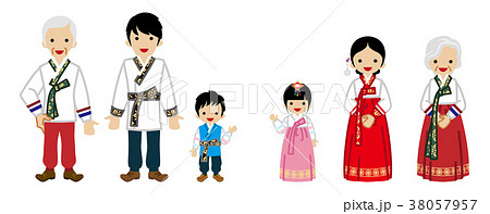 韓国の民族衣装を着る三世代家族 正面のイラスト素材