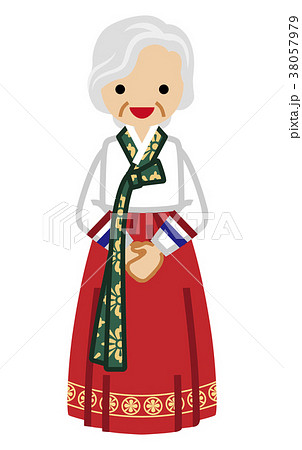 韓国の民族衣装を着たシニア女性 正面のイラスト素材