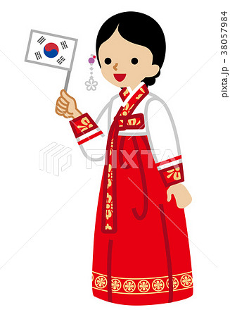 国旗を持った韓国の民族衣裳を着た女性のイラスト素材 38057984 Pixta
