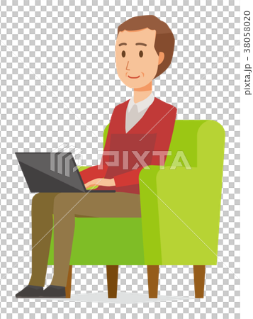 セーターを着た中年男性がソファーに座ってノートパソコンを操作しているのイラスト素材 38058020 Pixta