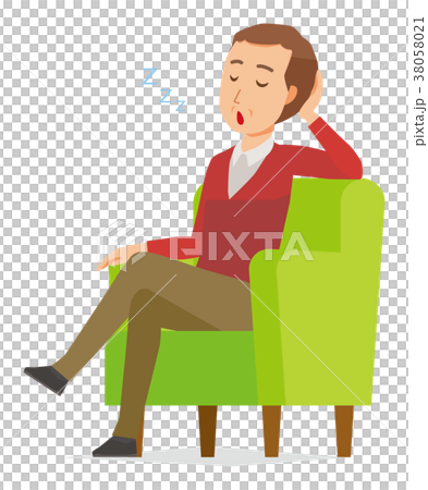 セーターを着た中年男性がソファーに座って居眠りをしている セーターを着た中年男性がソファーに座って居眠りをしている 38058021