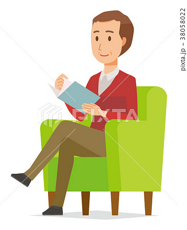 セーターを着た中年男性がソファーに座って読書をしているのイラスト素材