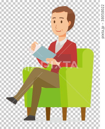 セーターを着た中年男性がソファーに座って読書をしている 38058022