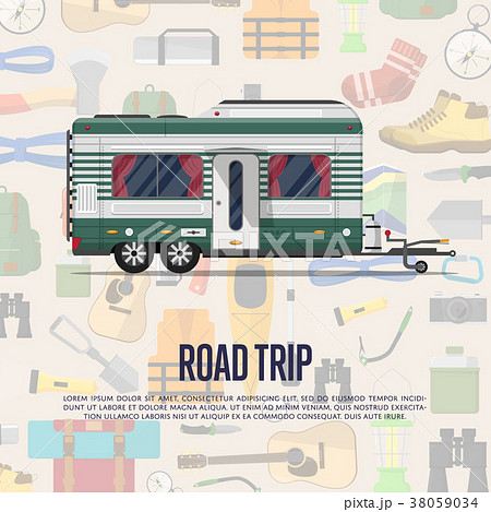 Road trip poster with camping trailer 38059034