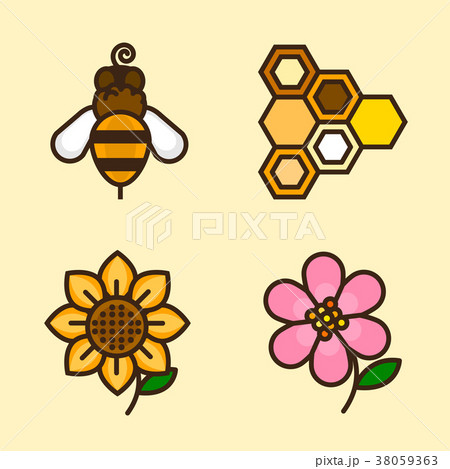 Vector- flat icon set. concept for honey bee, flowers, gift set, traditional food and so on. 001 Vector- flat icon set. concept for honey bee, flowers, gift set, traditional food and so on. 001 38059363